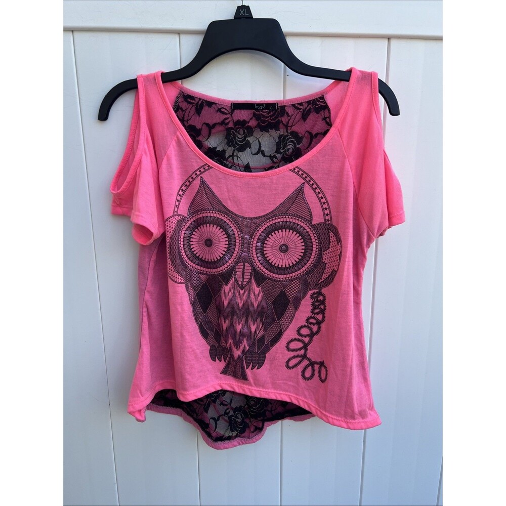 LOVE J Womens Top Shirt Pink Owl Print Cold Shoulder Lace Sz Large
